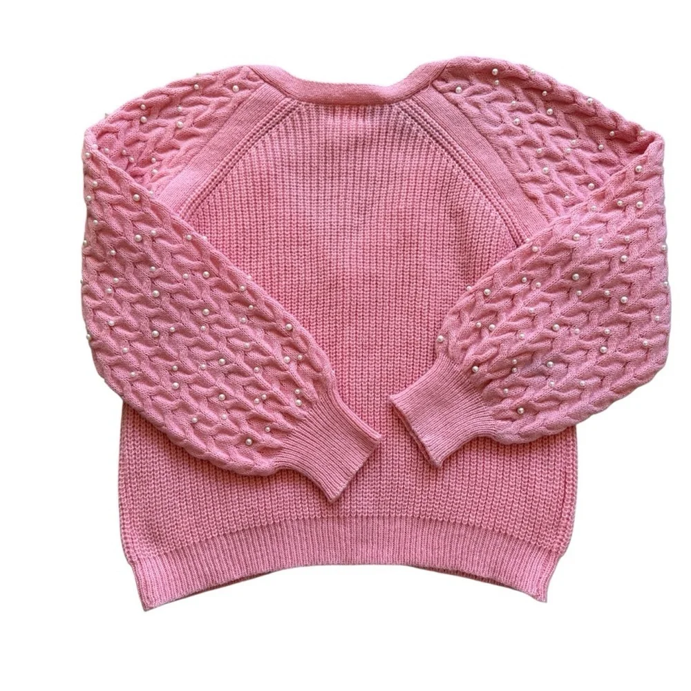 BiBi Women's Pink Pearl Beaded Cardigan Sweater Size L Balloon Sleeve Knit Cozy